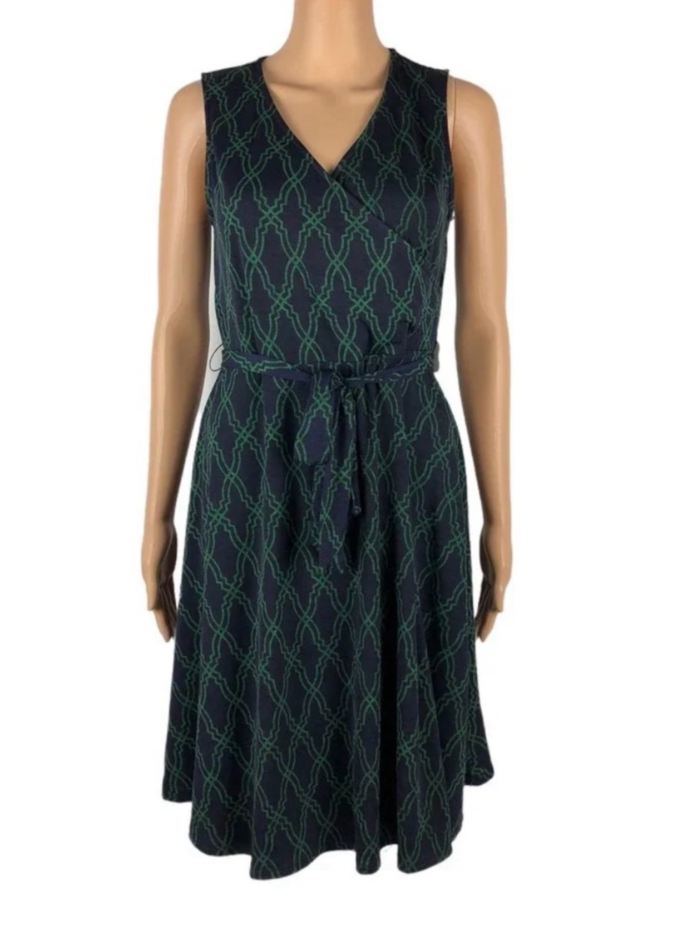41 Hawthorn Navy Faux Wrap Dress with Green Chain Motif, Size XL